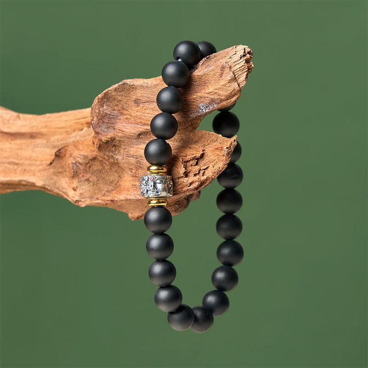 Buddha Stones Natural Frosted Black Onyx Buddha Face Support Bracelet - image 3
