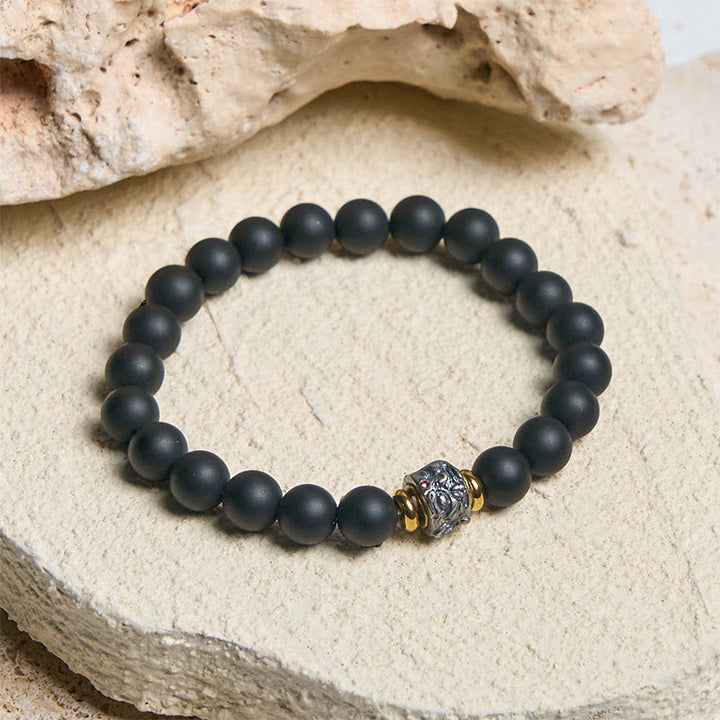 Buddha Stones Natural Frosted Black Onyx Buddha Face Support Bracelet - image 1
