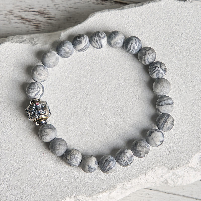 Buddha Stones Natural Frosted Grey Jasper Buddha Face Healing Protection Bracelet - image 1