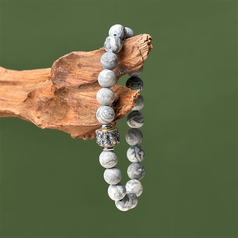 Buddha Stones Natural Frosted Grey Jasper Buddha Face Healing Protection Bracelet - image 3