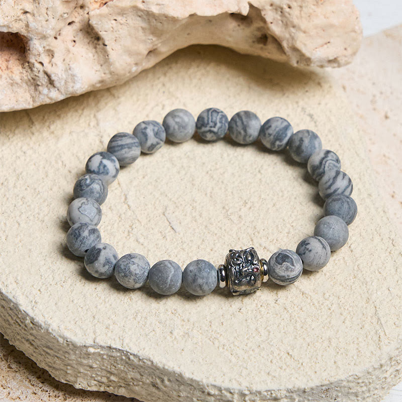 Buddha Stones Natural Frosted Grey Jasper Buddha Face Healing Protection Bracelet - image 2