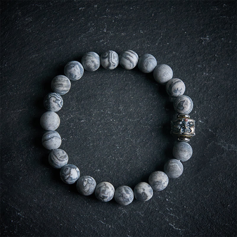 Buddha Stones Natural Frosted Grey Jasper Buddha Face Healing Protection Bracelet - 20cm - image 0