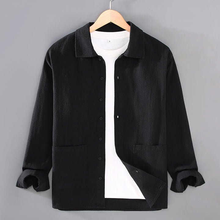 Buddha Stones Solid Color Long Sleeve Buttons Shirt Men Ramie Cotton Clothing With Pockets - Black - US/UK/AU42，EU52 (3XL) - image 9