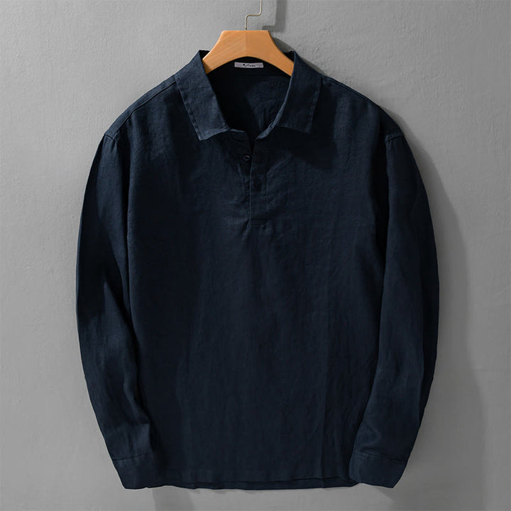 Buddha Stones Men's Solid Color Lapel Buttons Long Sleeve Pure Linen Shirt - MidnightBlue - US/UK/AU42，EU52 (3XL) - image 0