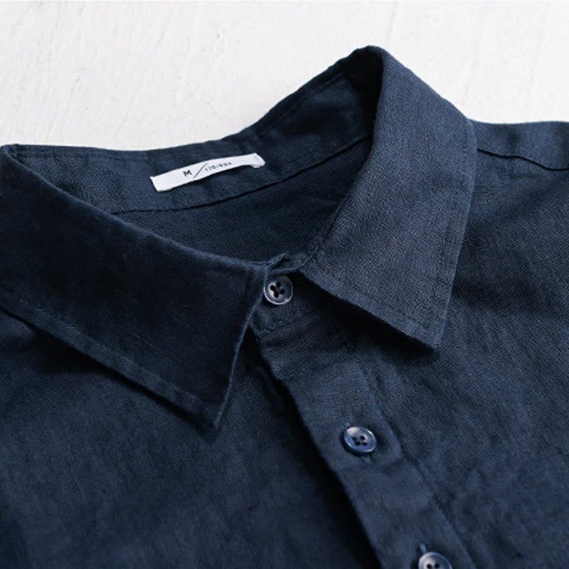 Buddha Stones Men's Solid Color Lapel Buttons Long Sleeve Pure Linen Shirt - image 1