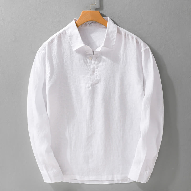 Buddha Stones Men's Solid Color Lapel Buttons Long Sleeve Pure Linen Shirt - White - US/UK/AU42，EU52 (3XL) - image 10