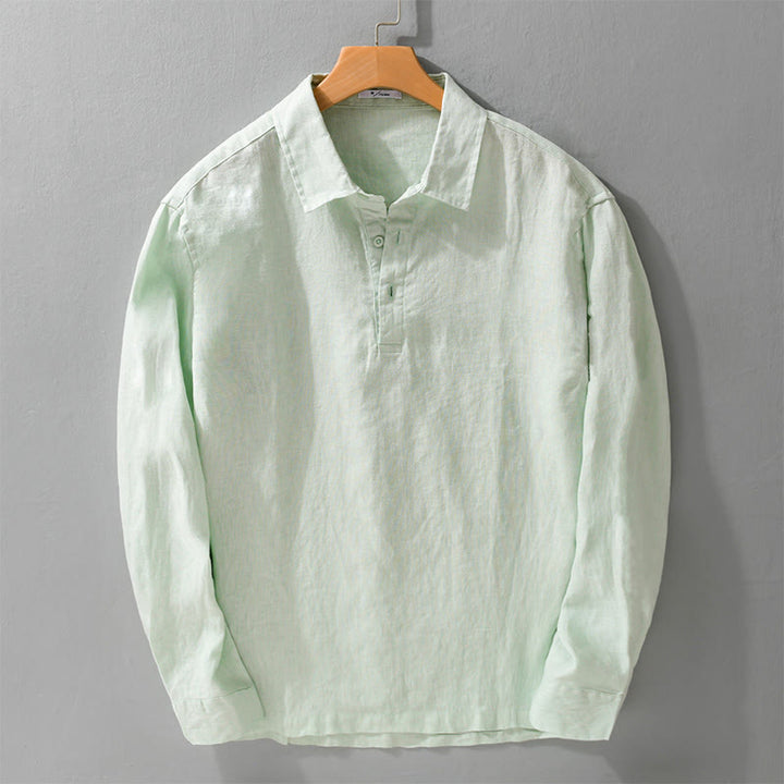 Buddha Stones Men's Solid Color Lapel Buttons Long Sleeve Pure Linen Shirt - Honeydew - US/UK/AU42，EU52 (3XL) - image 5