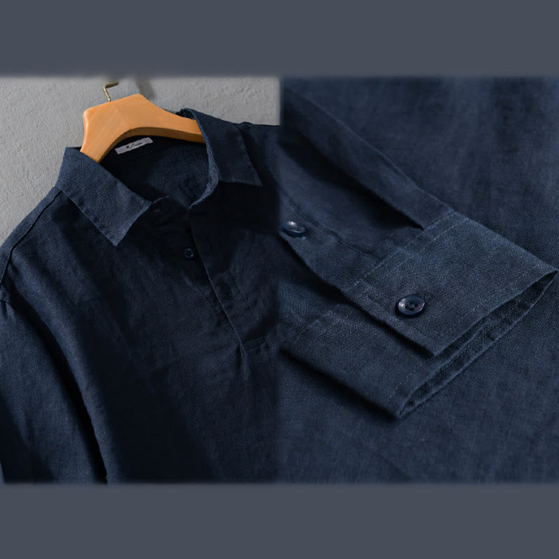 Buddha Stones Men's Solid Color Lapel Buttons Long Sleeve Pure Linen Shirt - image 3