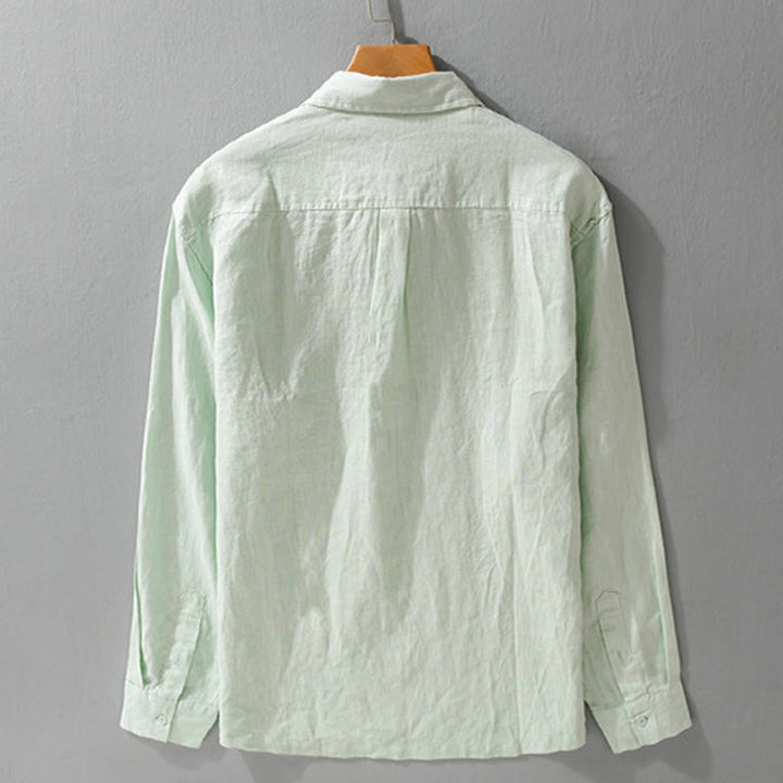 Buddha Stones Men's Solid Color Lapel Buttons Long Sleeve Pure Linen Shirt - image 6