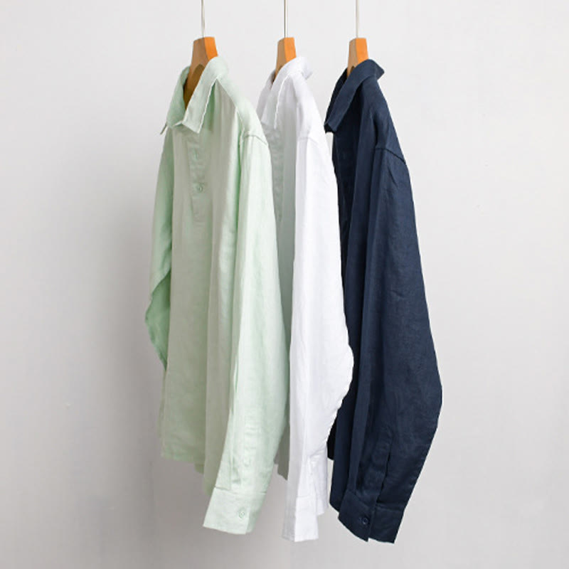 Buddha Stones Men's Solid Color Lapel Buttons Long Sleeve Pure Linen Shirt - image 15