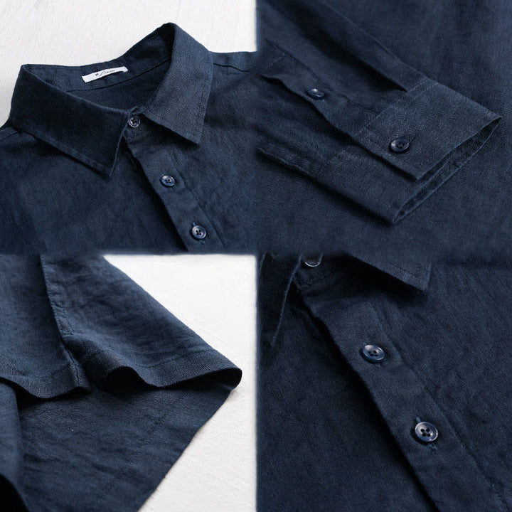 Buddha Stones Men's Solid Color Lapel Buttons Long Sleeve Pure Linen Shirt - image 4