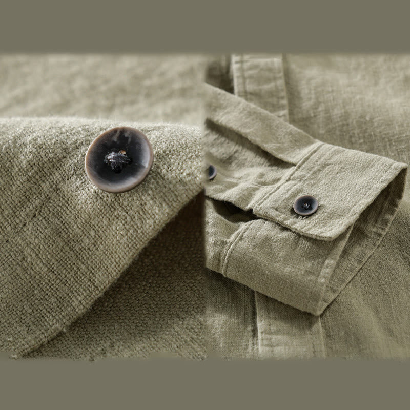 Buddha Stones Men's Pure Color Lapel Buttons Simple Design Ramie Cotton Long Sleeve Shirt - image 19
