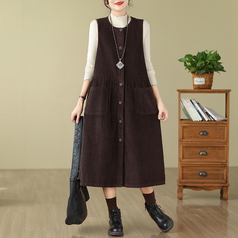 Buddha Stones Fall Retro Buttons Design Corduroy Sleeveless Midi Dress With Pockets - SaddleBrown - US12，UK/AU16，EU44 (3XL) - image 0