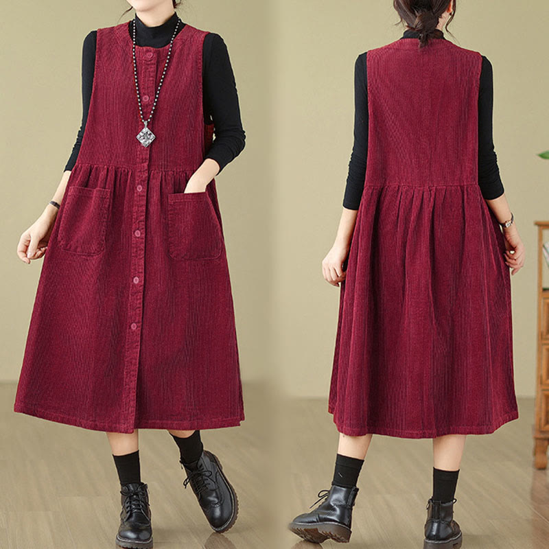 Buddha Stones Fall Retro Buttons Design Cotton Corduroy Sleeveless Midi Dress With Pockets - image 24
