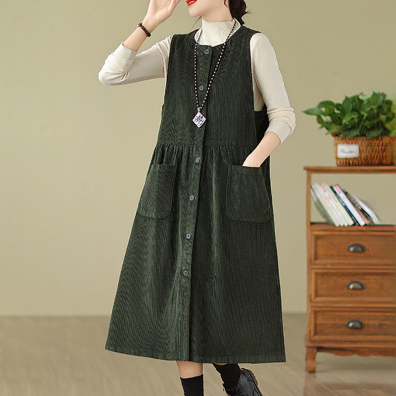 Buddha Stones Fall Retro Buttons Design Cotton Corduroy Sleeveless Midi Dress With Pockets - image 8