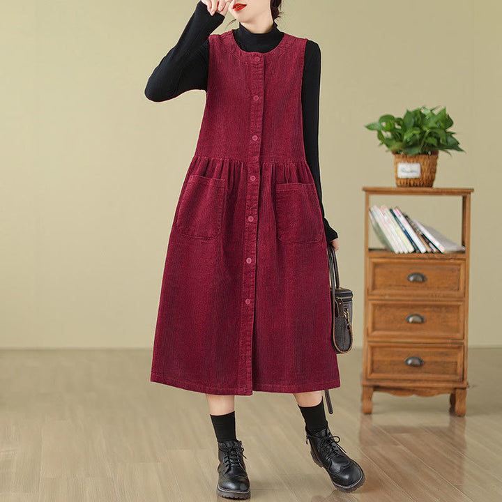 Buddha Stones Fall Retro Buttons Design Cotton Corduroy Sleeveless Midi Dress With Pockets - Crimson - US12，UK/AU16，EU44 (3XL) - image 20