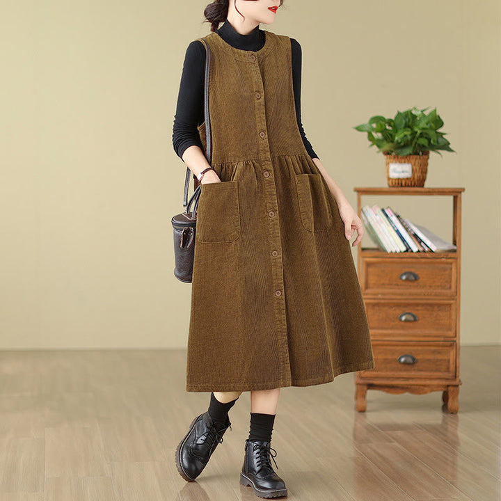 Buddha Stones Fall Retro Buttons Design Cotton Corduroy Sleeveless Midi Dress With Pockets - DarkGoldenrod - US12，UK/AU16，EU44 (3XL) - image 12