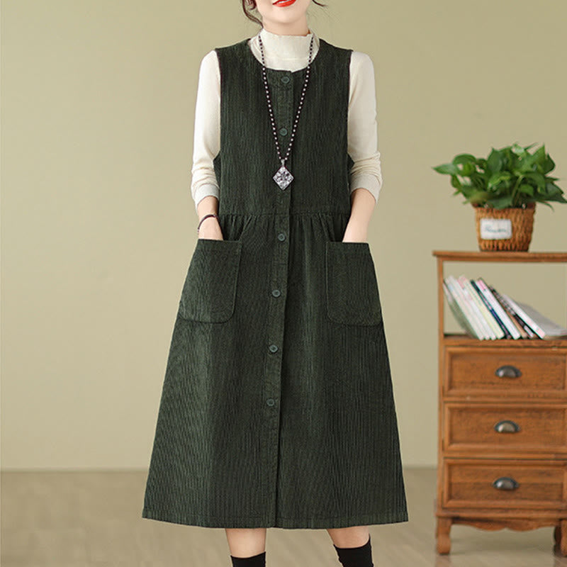 Buddha Stones Fall Retro Buttons Design Cotton Corduroy Sleeveless Midi Dress With Pockets - image 9