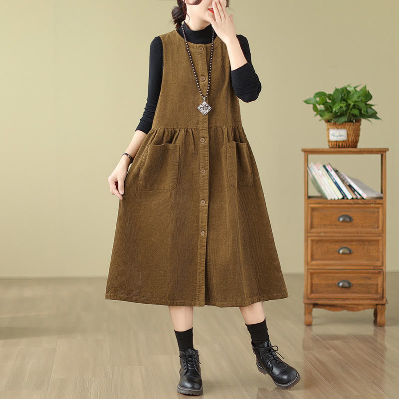 Buddha Stones Fall Retro Buttons Design Cotton Corduroy Sleeveless Midi Dress With Pockets - image 14