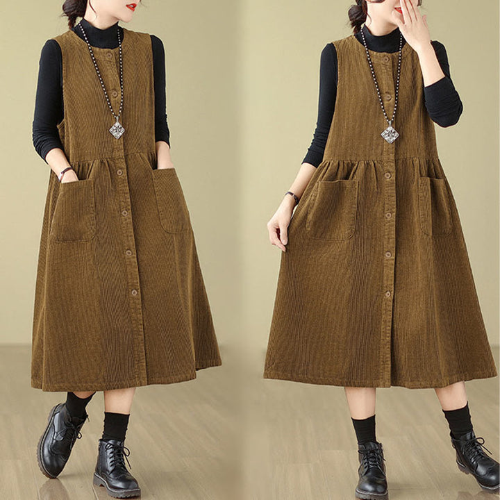 Buddha Stones Fall Retro Buttons Design Cotton Corduroy Sleeveless Midi Dress With Pockets - image 17