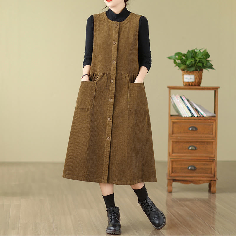 Buddha Stones Fall Retro Buttons Design Cotton Corduroy Sleeveless Midi Dress With Pockets - image 15