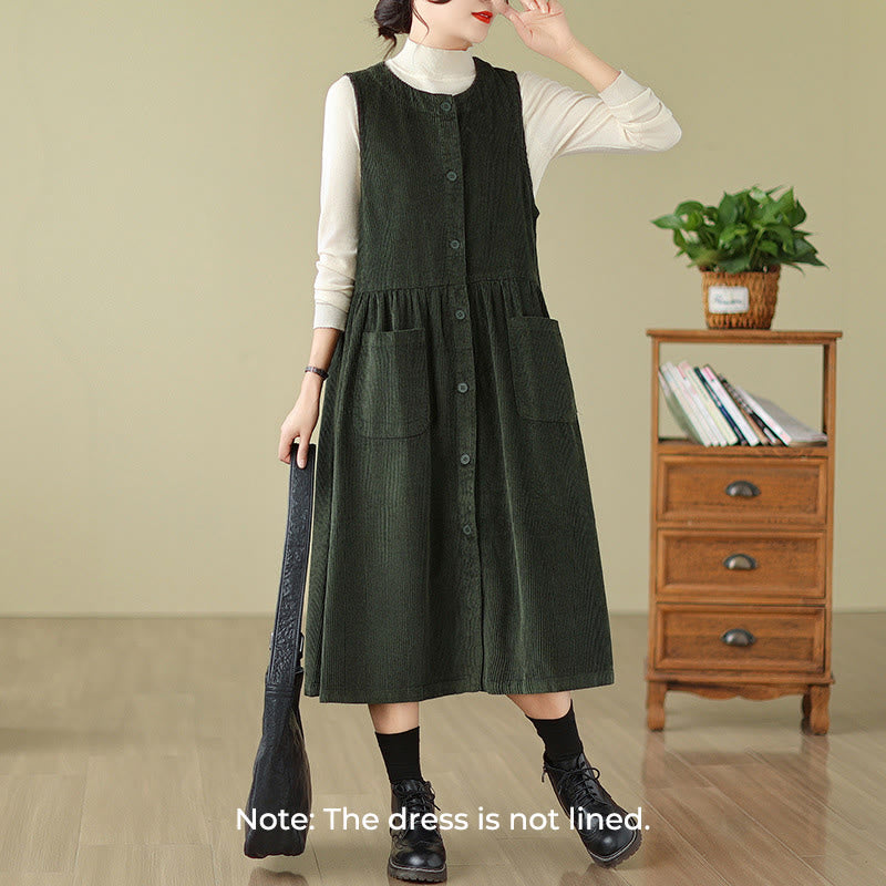 Buddha Stones Fall Retro Buttons Design Cotton Corduroy Sleeveless Midi Dress With Pockets - image 7