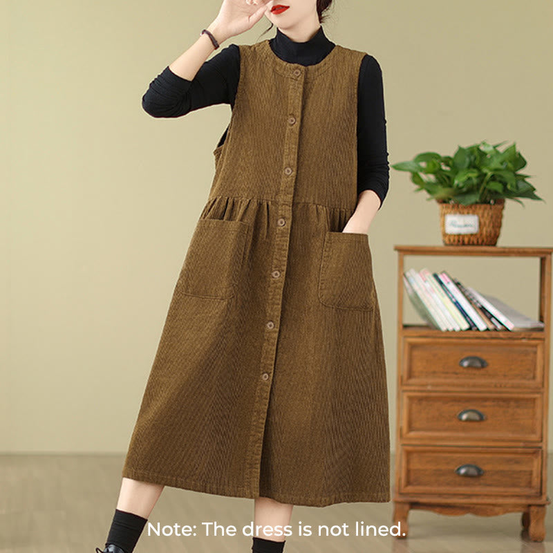 Buddha Stones Fall Retro Buttons Design Cotton Corduroy Sleeveless Midi Dress With Pockets - image 13