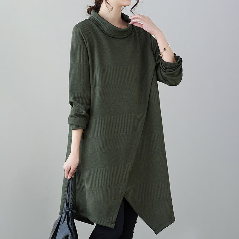 Buddha Stones Winter Irregular Hem Design Mock Neck Long Sleeve Midi Dress With Pockets - image 3