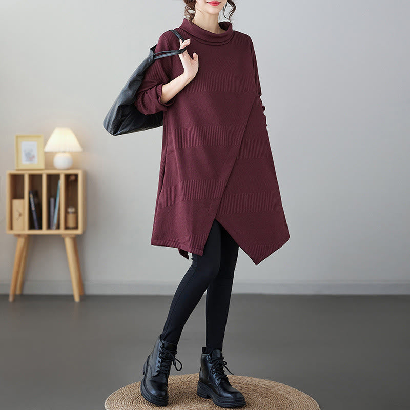 Buddha Stones Winter Irregular Hem Design Mock Neck Cotton Long Sleeve Midi Dress With Pockets - FireBrick - US14，UK/AU18，EU46 (2XL) - image 4