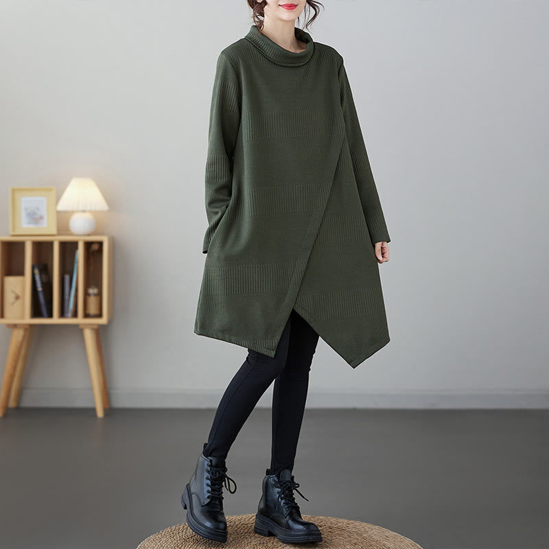 Buddha Stones Winter Irregular Hem Design Mock Neck Long Sleeve Midi Dress With Pockets - image 2