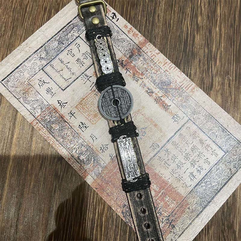 Buddha Stones Five-emperor Coins Mountain Ghosts Spend Money Luck Leather Watch Band Bracelet  - image 2