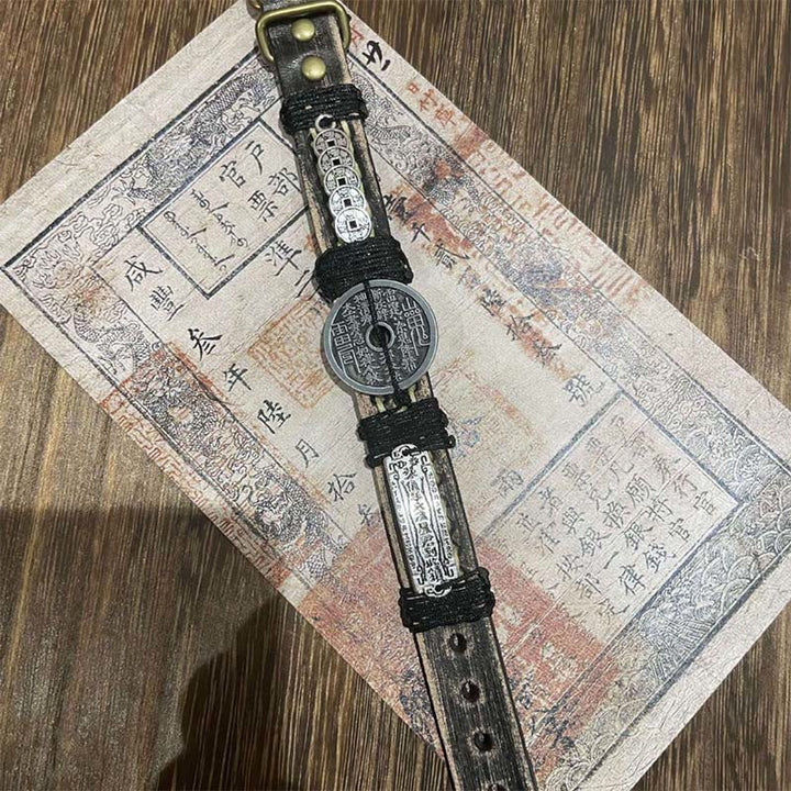 Buddha Stones Five-emperor Coins Mountain Ghosts Spend Money Luck Leather Watch Band Bracelet  - image 2