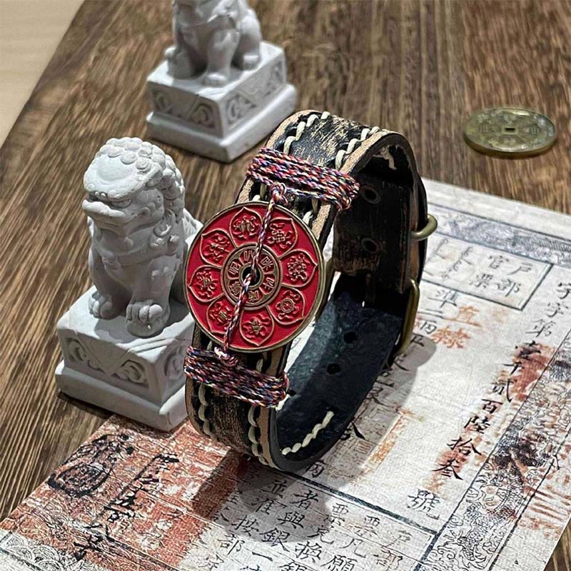 Buddha Stones Cinnabar Lotus Om Mani Padme Hum Blessing Leather Watch Band Bracelet  - Om Mani Padme Hum & Cinnabar (Wrist Circumference: 15-18cm) - image 0