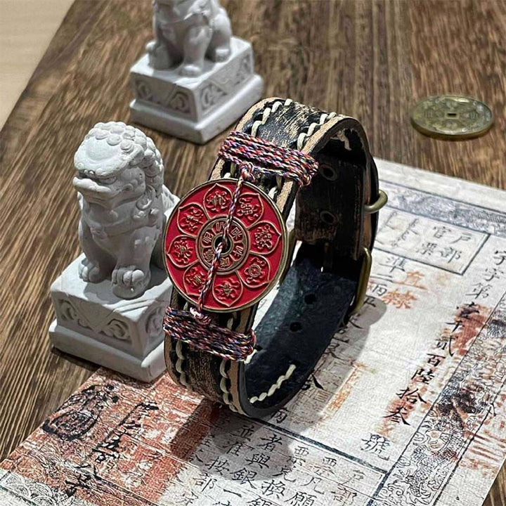Buddha Stones Cinnabar Lotus Om Mani Padme Hum Blessing Leather Watch Band Bracelet  - Om Mani Padme Hum & Cinnabar (Wrist Circumference: 15-18cm) - image 0