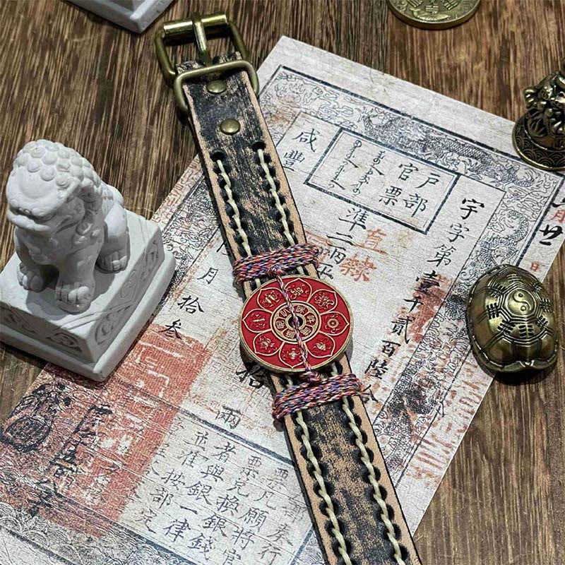 Buddha Stones Cinnabar Lotus Om Mani Padme Hum Blessing Leather Watch Band Bracelet  - image 3