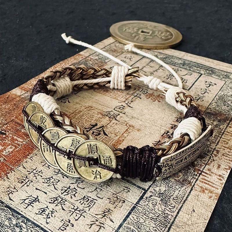 Buddha Stones Five-emperor Coins Amulet Protection Rope Bracelet  - Five Emperors Coins (Wrist Circumference: 15-19cm) - image 0
