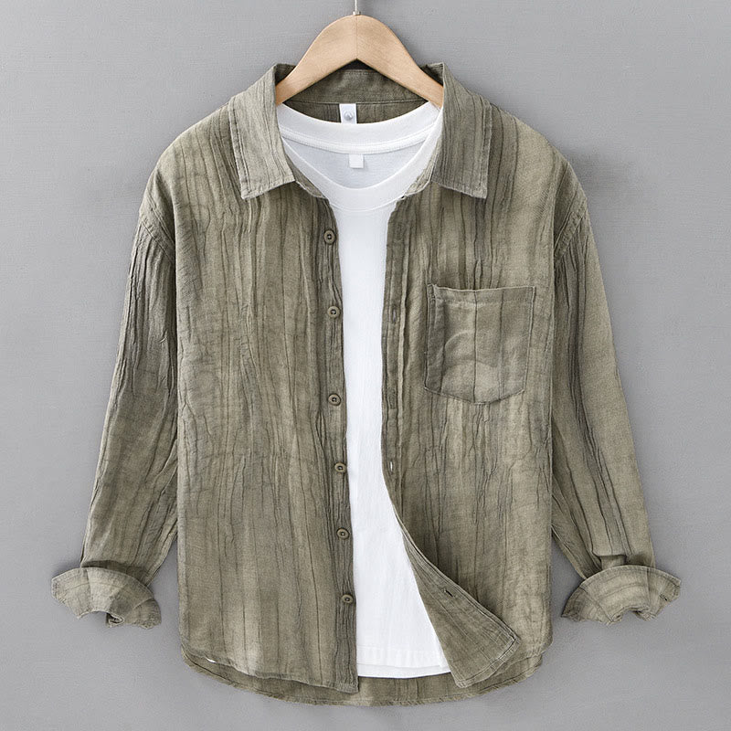 Buddha Stones Solid Long Sleeve Stand Collar Wrinkles Button Down Ramie Linen Men's Shirts - DarkKhaki - US/UK/AU42，EU52 (3XL) - image 8