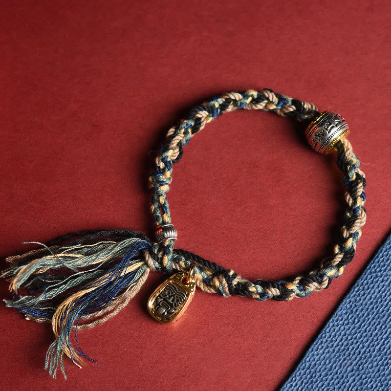 Buddha Stones Tibet Om Mani Padme Hum Carved Zakiram Focus Rope Bracelet - Blue Rope(Wrist Circumference: 16-20cm) - image 0