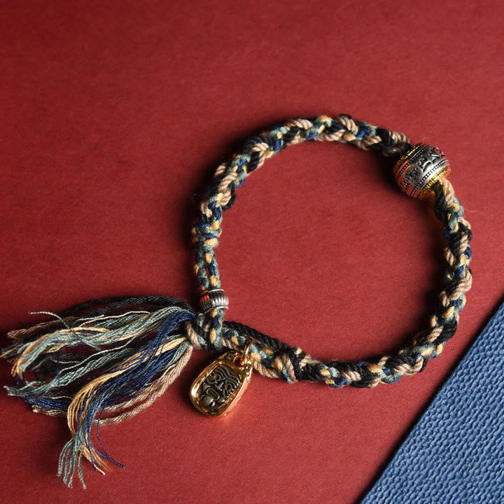Buddha Stones Tibet Om Mani Padme Hum Carved Zakiram Focus Rope Bracelet - Blue Rope(Wrist Circumference: 16-20cm) - image 0