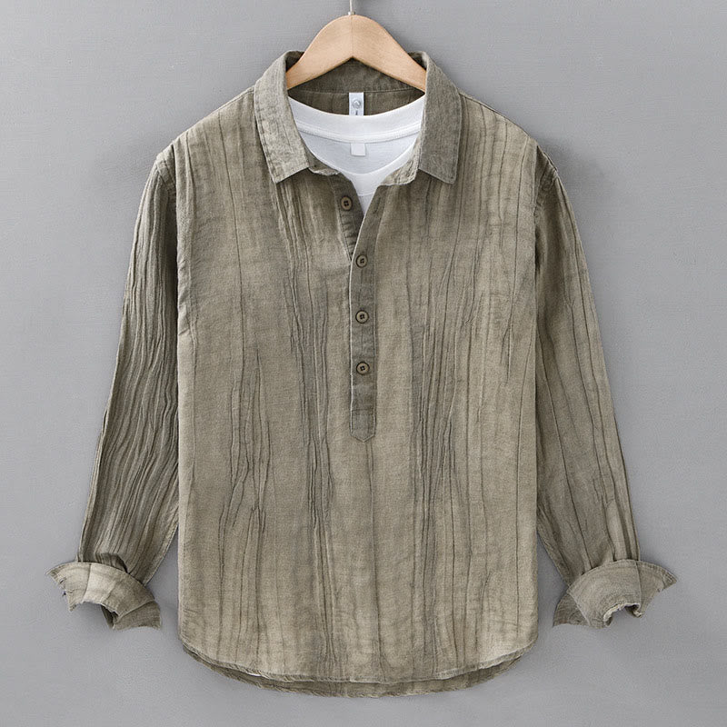 Buddha Stones Solid Long Sleeve Stand Collar Wrinkles Half Button Ramie Linen Men's Shirts - DarkKhaki - US/UK/AU42，EU52 (3XL) - image 15