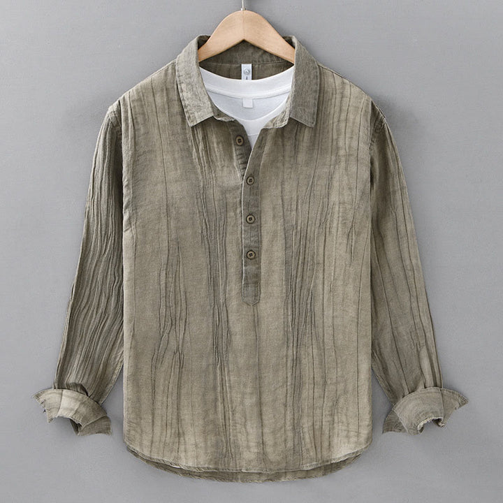 Buddha Stones Solid Long Sleeve Stand Collar Wrinkles Half Button Ramie Linen Men's Shirts - DarkKhaki - US/UK/AU42，EU52 (3XL) - image 15