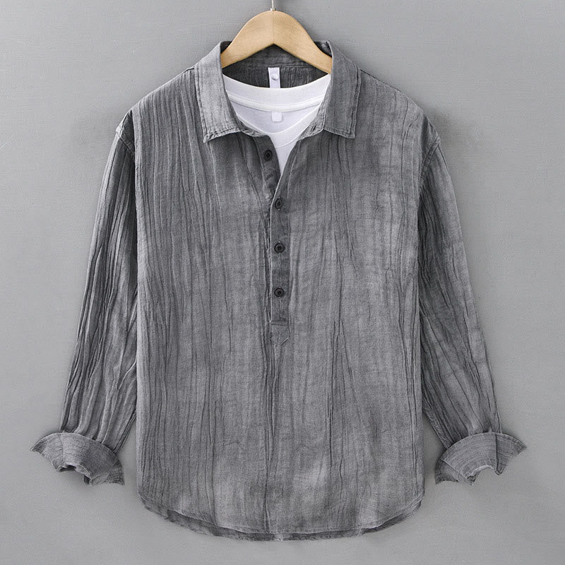 Buddha Stones Solid Long Sleeve Stand Collar Wrinkles Half Button Ramie Linen Men's Shirts - Gray - US/UK/AU42，EU52 (3XL) - image 4