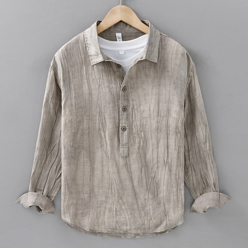 Buddha Stones Solid Long Sleeve Stand Collar Wrinkles Half Button Ramie Linen Men's Shirts - Linen - US/UK/AU42，EU52 (3XL) - image 0