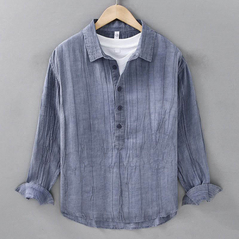 Buddha Stones Solid Long Sleeve Stand Collar Wrinkles Half Button Ramie Linen Men's Shirts - LightSteelBlue - US/UK/AU42，EU52 (3XL) - image 11