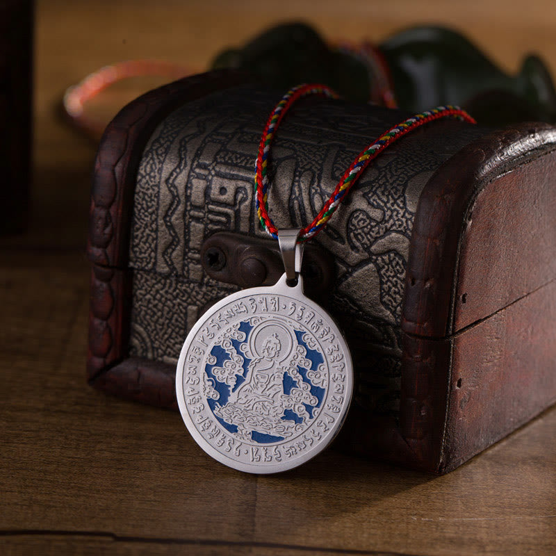 Buddha Stones Blue Medicine Buddha Heart Mantra Titanium Steel Faith Colored Rope Necklace Pendant - image 7