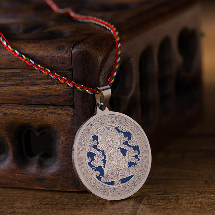 Buddha Stones Blue Medicine Buddha Heart Mantra Titanium Steel Faith Colored Rope Necklace Pendant - image 8