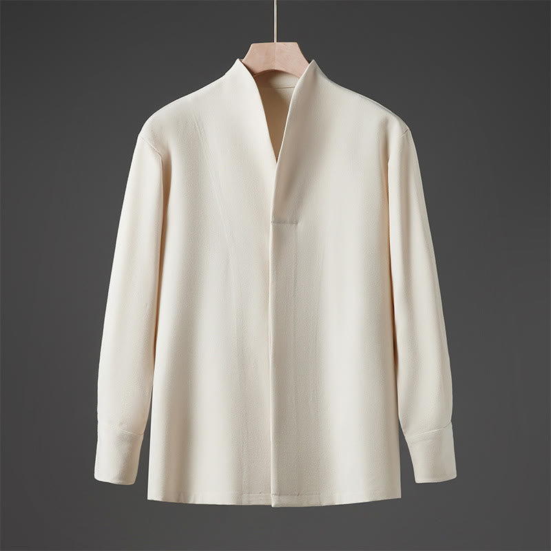 Buddha Stones Solid Fall Long Sleeve Hidden Half Button Design Men's Shirts - Beige - US/UK/AU46，EU56 (5XL) - image 0