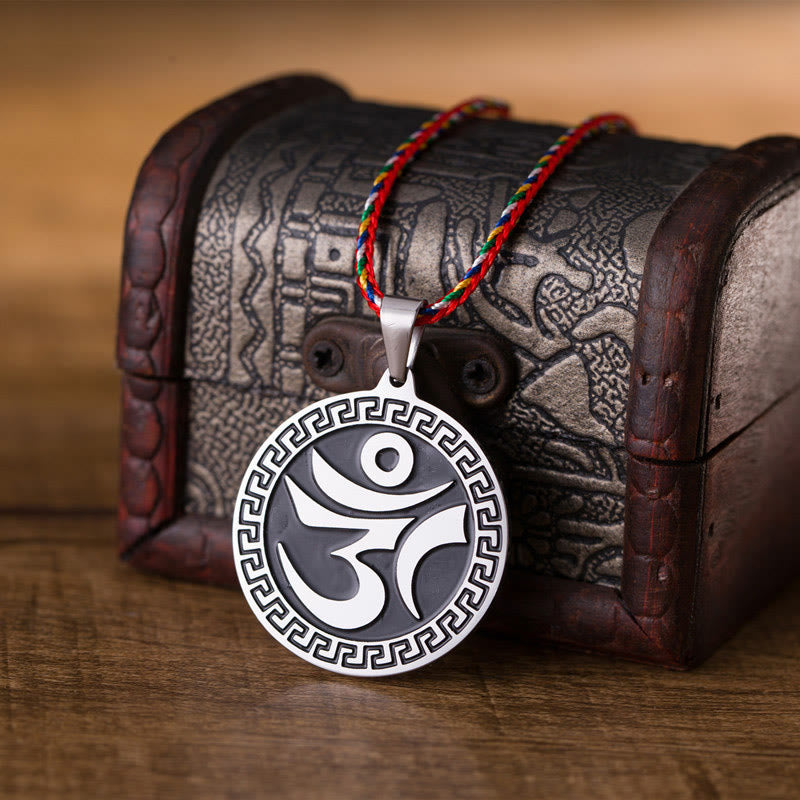 Buddha Stones Om Hum Sanskrit Titanium Steel Luck Colored Rope Necklace Pendant - image 1