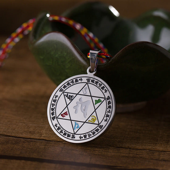 Buddha Stones Colorful Om Mani Padme Hum Titanium Steel Protection Rope Necklace Pendant - image 3