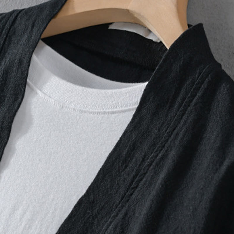 Buddha Stones Simple Long Sleeve Open Front Ramie Cotton Men's Shirts With Pockets - image 14